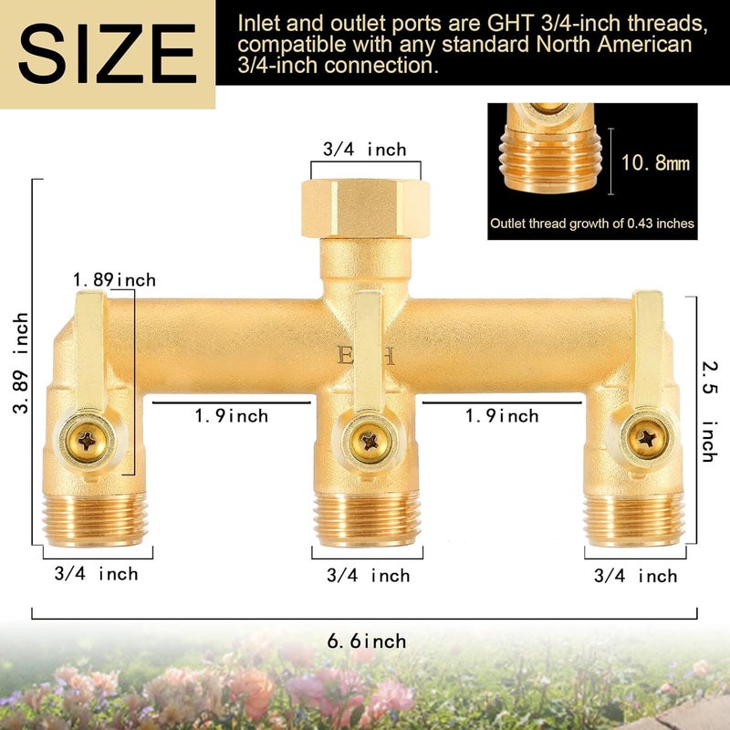 EBH Brass Garden Hose Splitter, 3 Way High Flow Outdoor Faucet Splitter,Full Flow 3-Way Brass Heavy Duty Hose Splitter With 3 Long Metal Handle and Individual On/Off Valve。 - Image 2